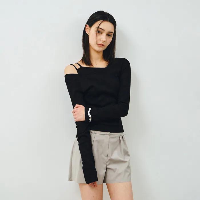 [SET] 보트넥 레이어드 골지 티셔츠 블랙 MDTS087BLACK