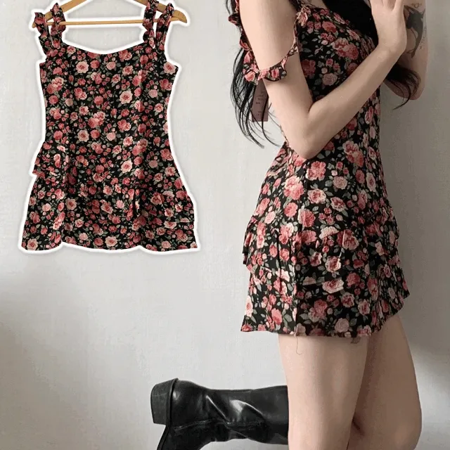 바비 플라워 프릴 스퀘어넥 뷔스티에 나시 원피스