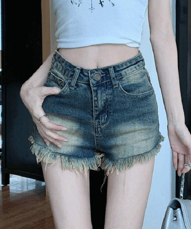 [빈티지!/아메카지] 밑단 수술 포인트 워싱 데님 반바지 핫 숏팬츠