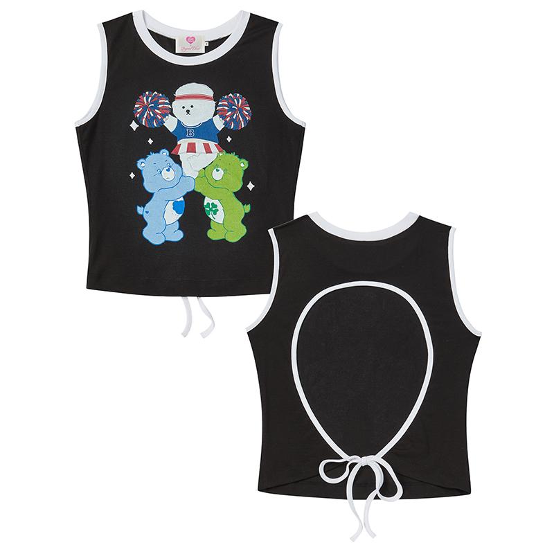 [WOMEN'S EDITION] 치얼업 케어베어 백리스 스트링 디테일 슬리브리스 블랙