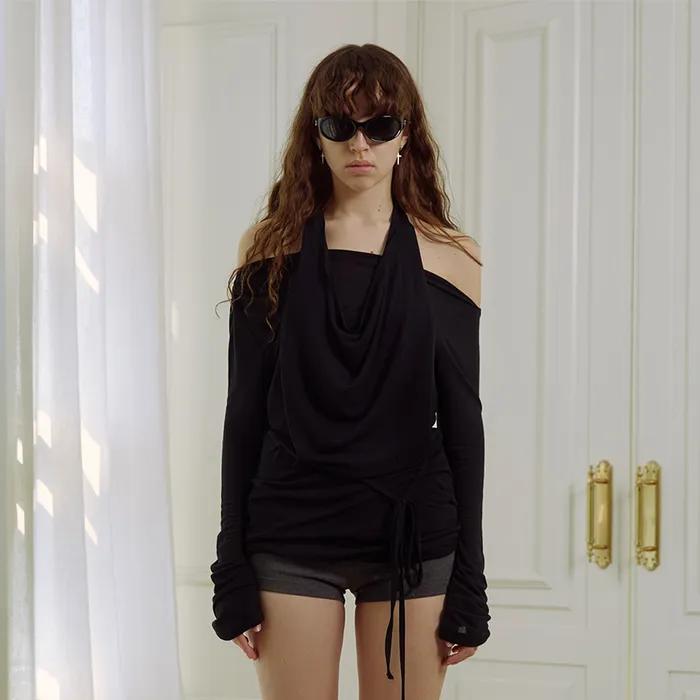 ONE SHOULDER UNBALANCE LONG SLEEVE TOP, BLACK