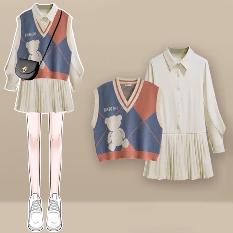 Lapel Pleated Shirt Dress Colorblock Bear Print Vest Two Pieces Set
