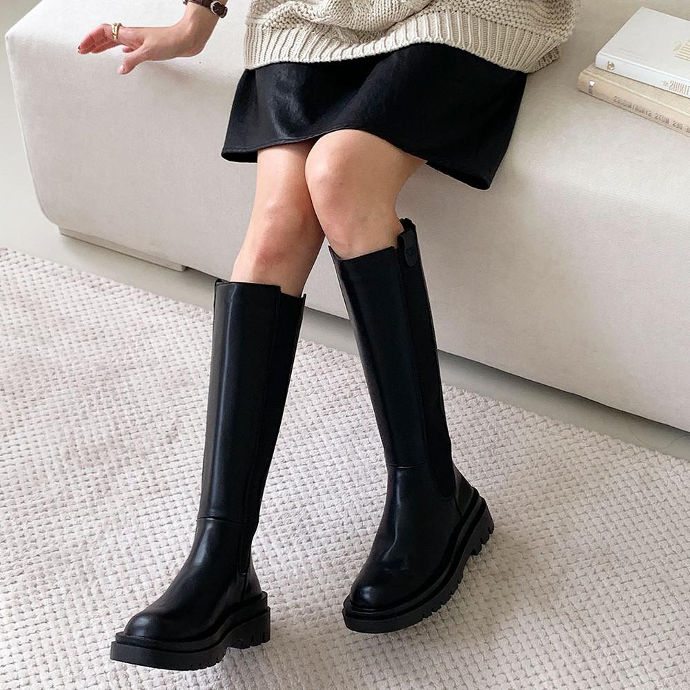 둥근코 가죽 하비 통넓은 첼시 통굽 롱부츠