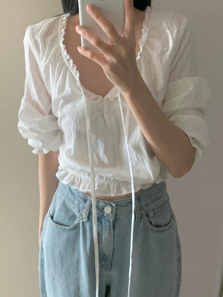 [르아브르][아이당일] 퍼피 끈 블라우스, 여자 레이스 세미크롭 블라우스