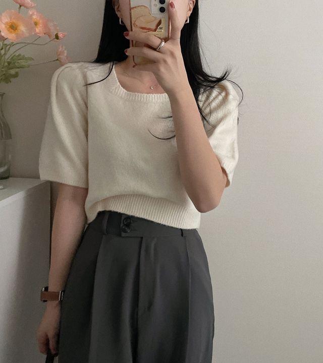 봄봄 스퀘어넥 퍼프소매 크롭 반팔니트 (5color)_몽그라미_2