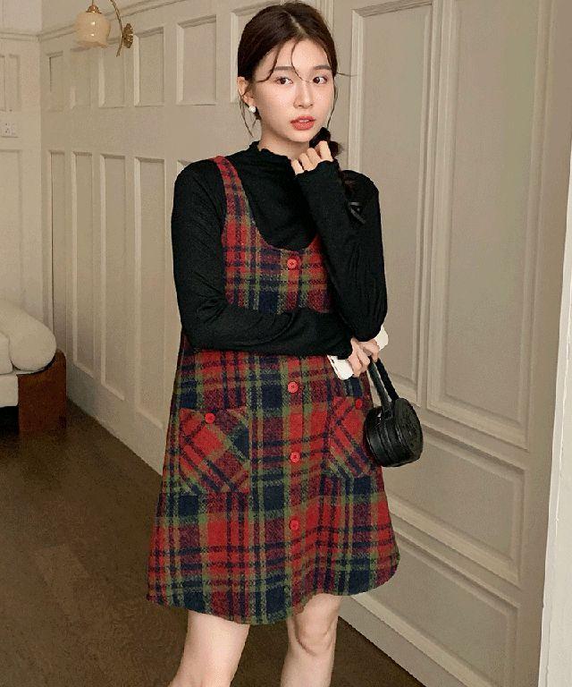 [연말룩/크리스마스] 노운 체크 뷔스티에 원피스