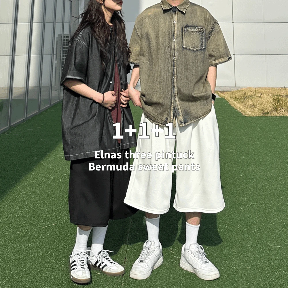 [기획] (1+1+1 할인) 엘나스 쓰리 핀턱 6부 버뮤다 스웻 팬츠
