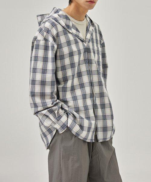 블루체크 후디 셔츠