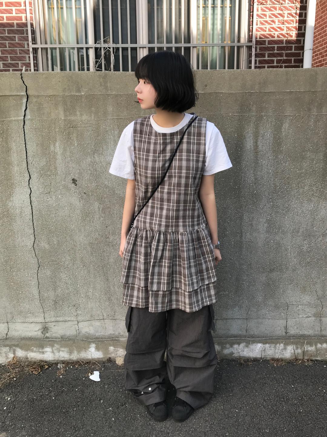 LOVELY FRILL CHECK OPS (KHAKI / NAVY)