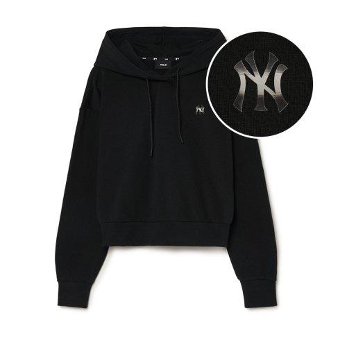 여성 베이직 애슬레저 미디움로고 크롭 후드티 NY (Black)