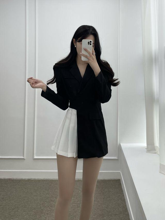 [ 국내고퀄, 데이트룩] fw 플리츠 배색 숏 점프슈트 자켓 JS 미니원피스 격식룩 하객룩  _데이지멜로우