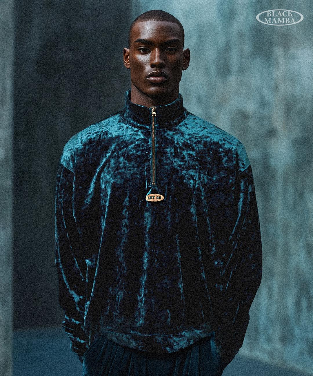 [ L~3XL ] LET GO 벨벳 하프 집업 (청록)