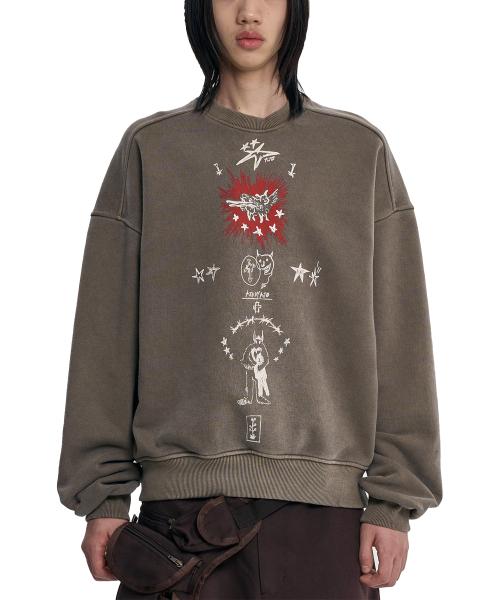 Blessing Doodle Washed Sweatshirt [BROWN]