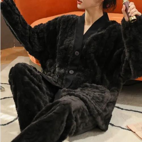 두꺼운 커플 기모 극세사 수면 잠옷 긴팔 파자마 홈웨어 바지 세트