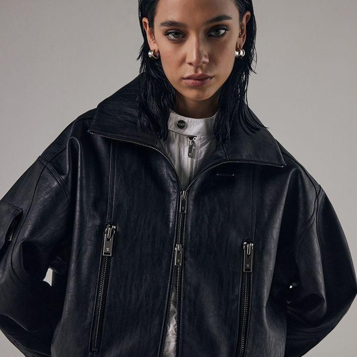 Bold Zip High-Neck Leather Jacket [ Black ]