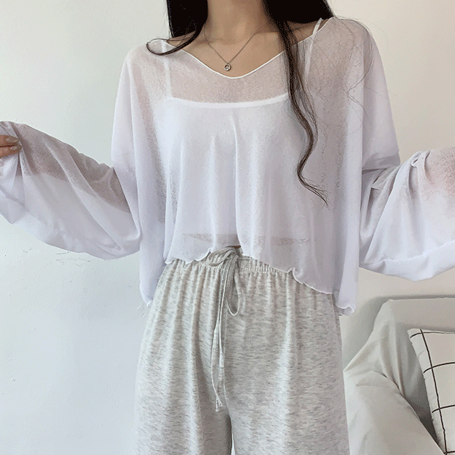 (1+1할인/여리여리) 크롭 오프 시스루 긴팔티 6color