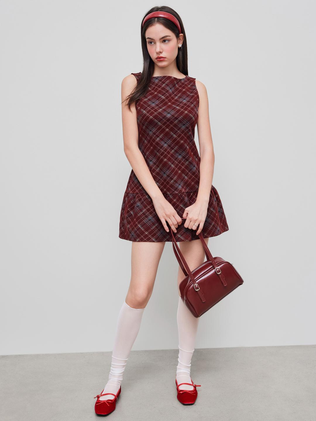 Wool-look Boat Neck Plaid Ruffle Hem Mini Dress