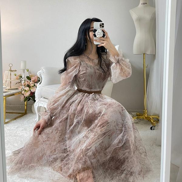 로맨틱 디오르 긴팔 쉬폰 시수르 맥시 드레스 퍼프 소매 봄 여름 가을 롱 원피스 세트