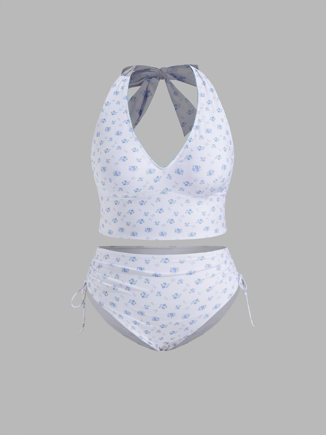 Halter Floral Drawstring Full Coverage Tankini Bikini Set Curve & Plus