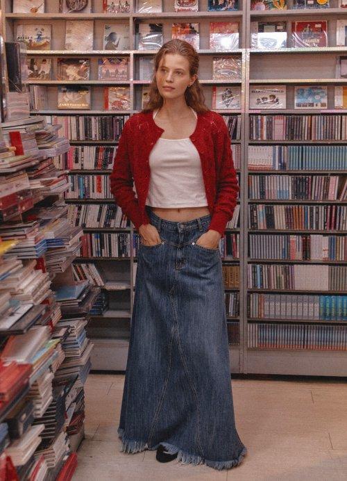 Blue Long Fringe Denim Skirt