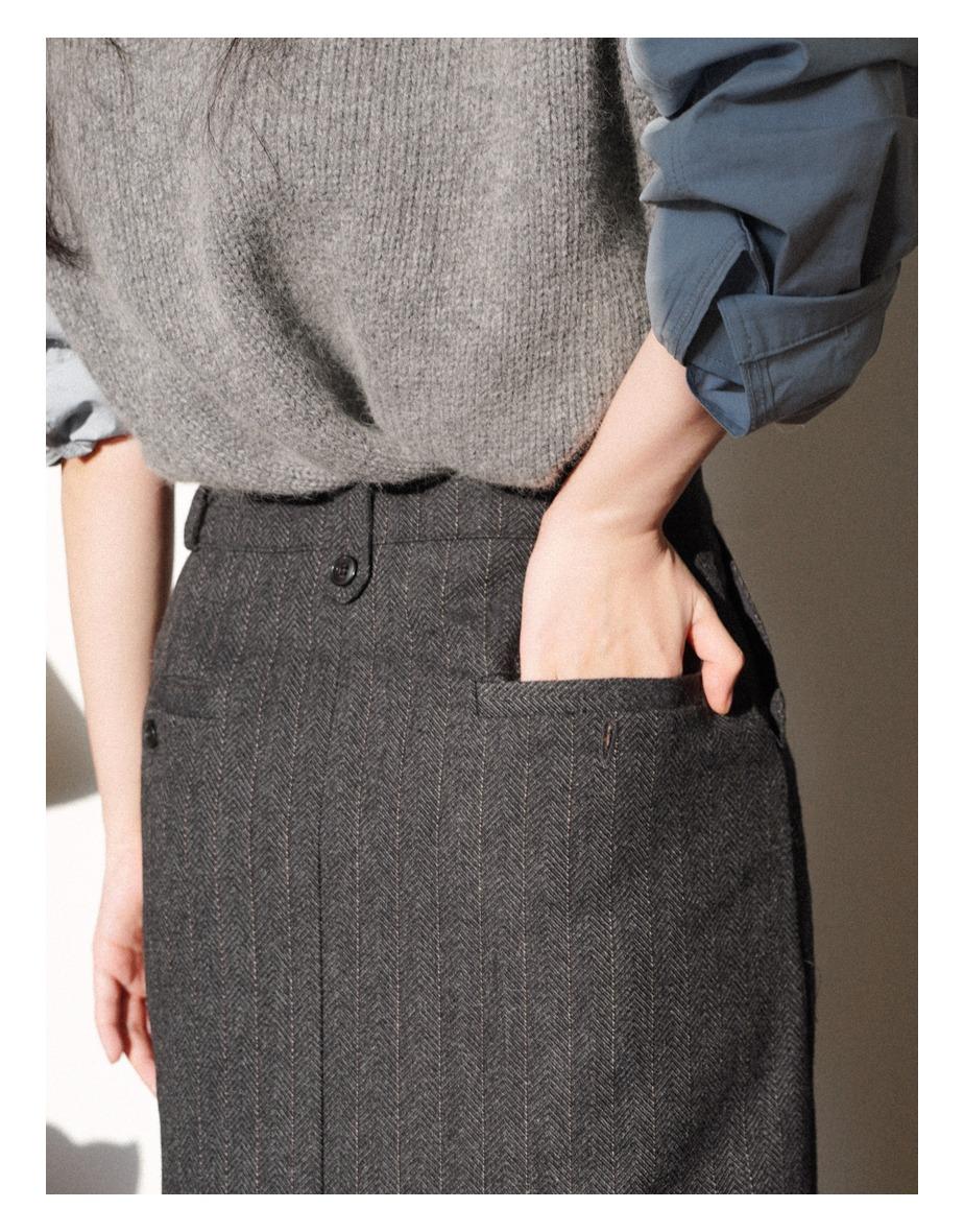 모닌 울 스트라이프 스커트 [헤링본차콜]