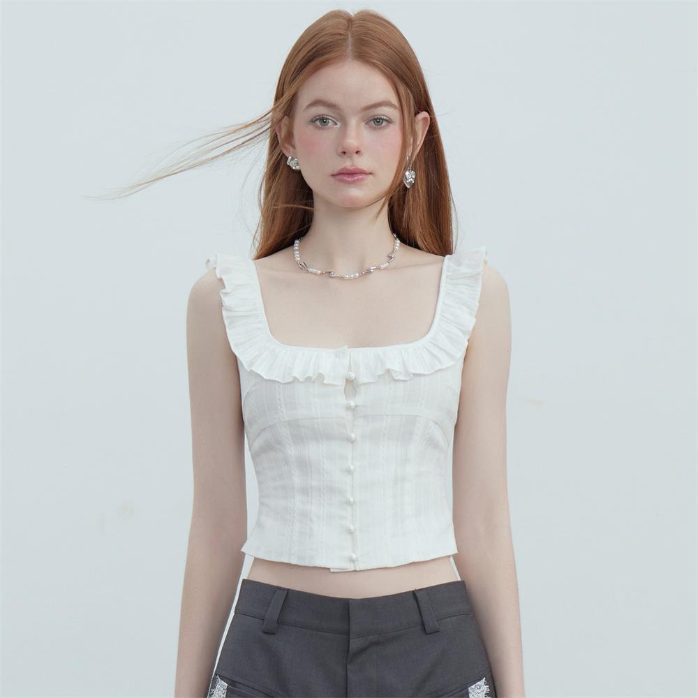 마키 플레어 코튼 프릴 스퀘어넥블라우스