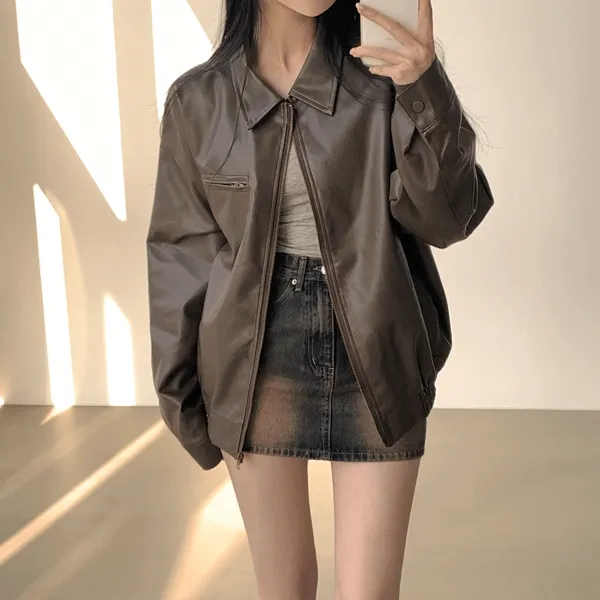 [힙무드/오버핏] 넉넉한 품으로 불편함없는, 박시 카라 오버핏 밴딩 레더 자켓 (2color)