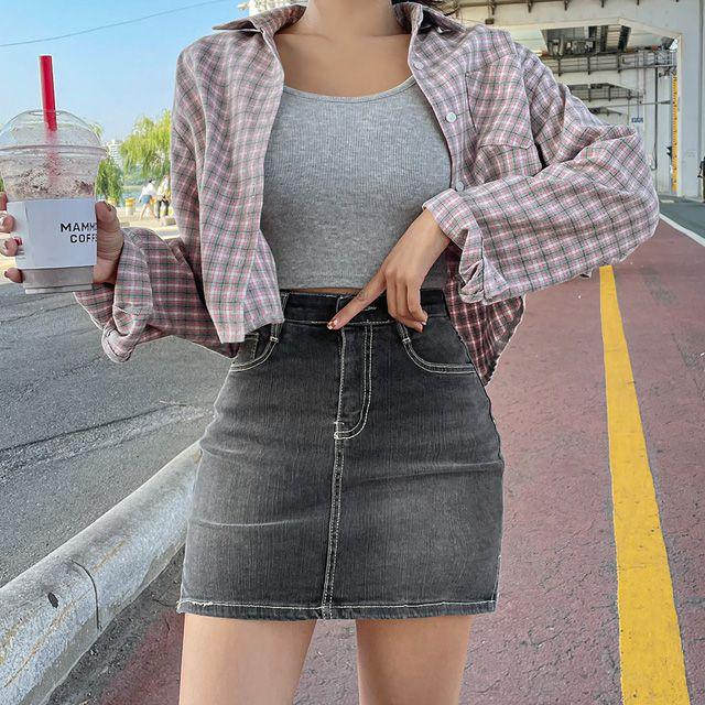 [어깨패드] 더폴 크롭체크남방,nb