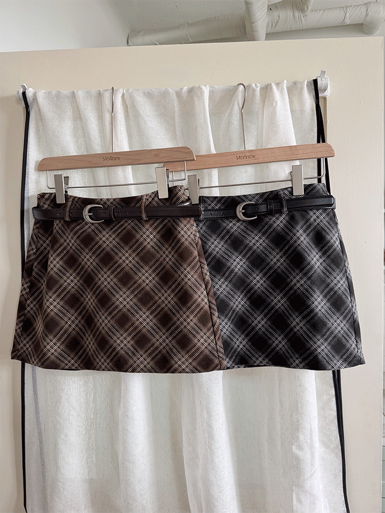 (벨트set) 피치 기모 체크 스커트