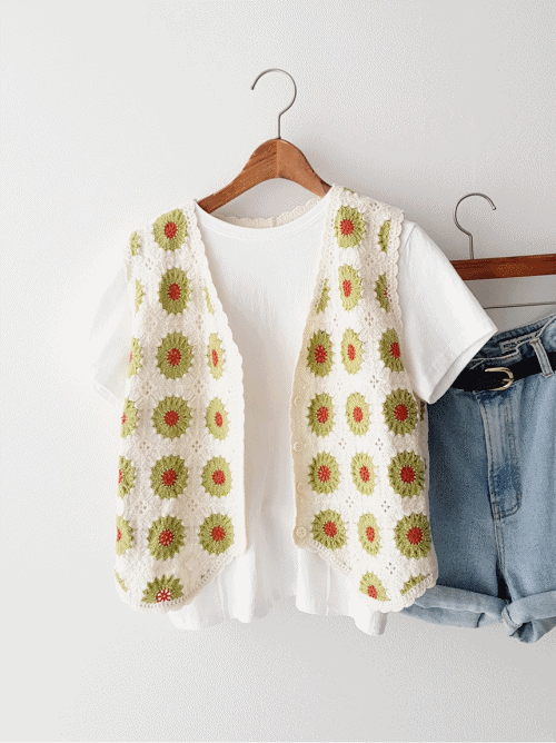 귀여워! 레트로무드 보헤미안 데이지 플라워 패턴 짜임 단추 오픈 니트 조끼 베스트