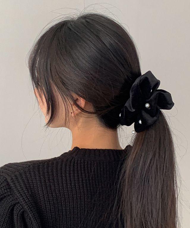 진주알 블랙 벨벳 와이드 스크런치 곱창 머리끈 헤어곱창밴드