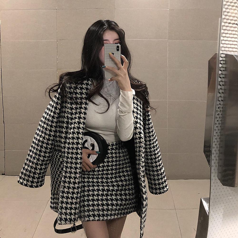 YOCALOR 새로운 2 조각 세트 레트로 HOUNDSTOOTH 채널 스타일 중간 길이 코트 높은 허리 스커트 피스 정장 여성 기본 자 켓
