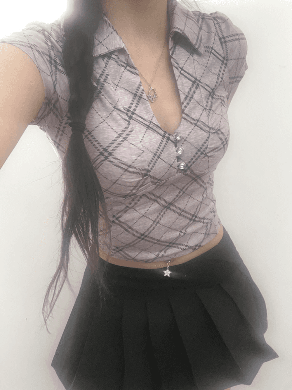 check collar cropped t shirts | 체크 카라 크롭 티셔츠