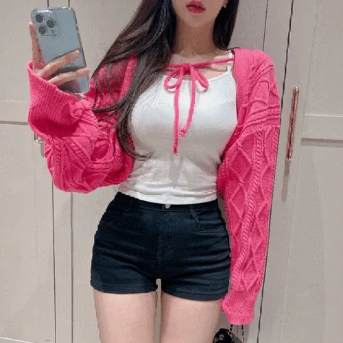 두툼 꽈배기 끈 볼레로 가디건 ( 3 COLORS )