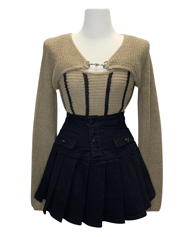 [SET] 체인 크롭 볼레로 가디건 + 스트라이프 나시 니트 세트