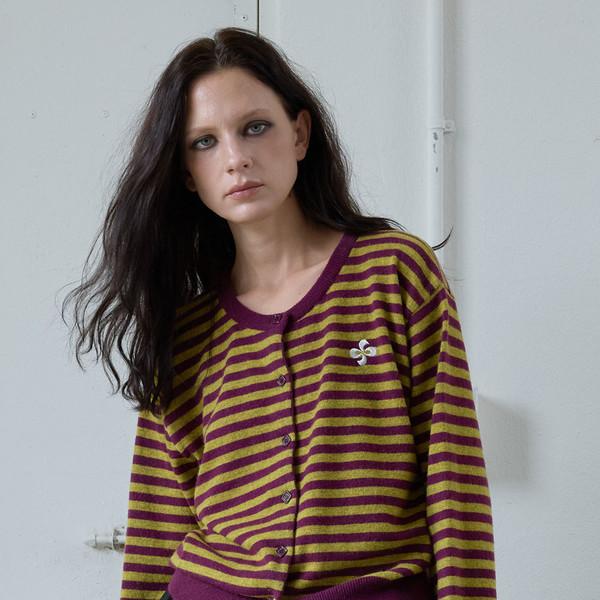 BUTTON CASHMERE STRIPE CARDIGAN / purple