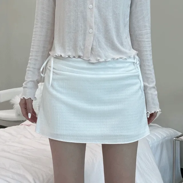 [퓨어!][2color!] 리본 셔링 밴딩 화이트 블랙 미니 스커트 치마