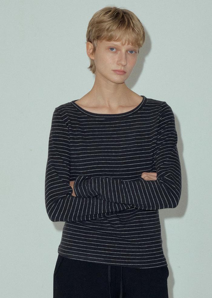 Angora Blend Stripe Boat Neck T-Shirt_CTT346(Charcoal)