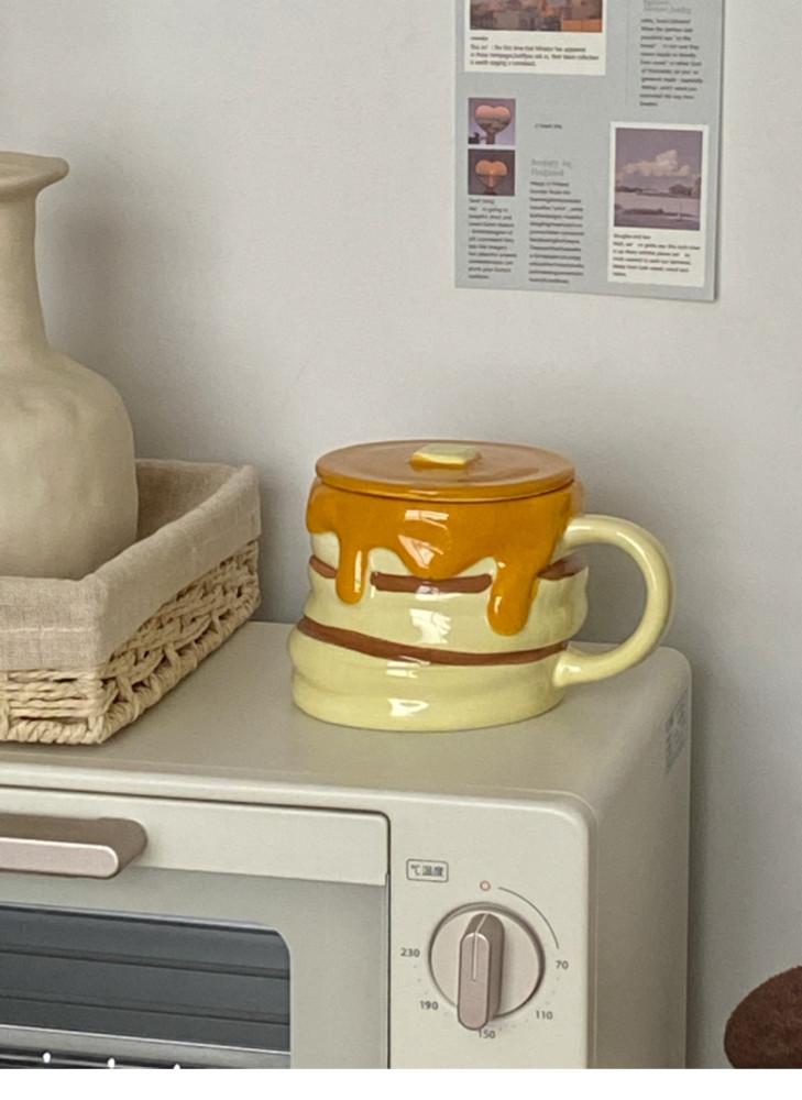 /머물홈/ 핫케익 머그컵 꿀단지 머그잔 뚜껑머그잔 귀여운 세라믹 커피잔 밀크잔