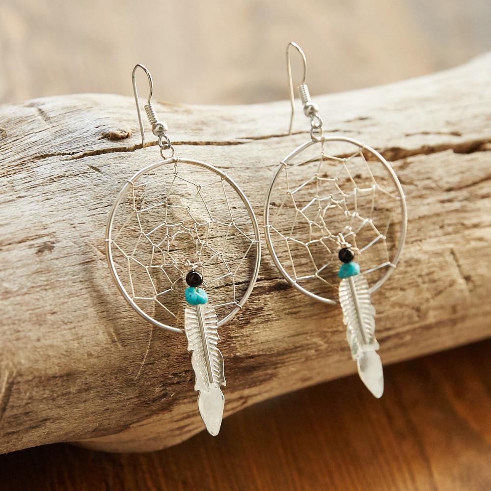 [NATIVE AMERICAN JEWELRY] DREAM CATCHER EARRINGS with TURQUOISE & FEATHER / NA-18F11 / 귀걸이 / 인디언쥬얼리