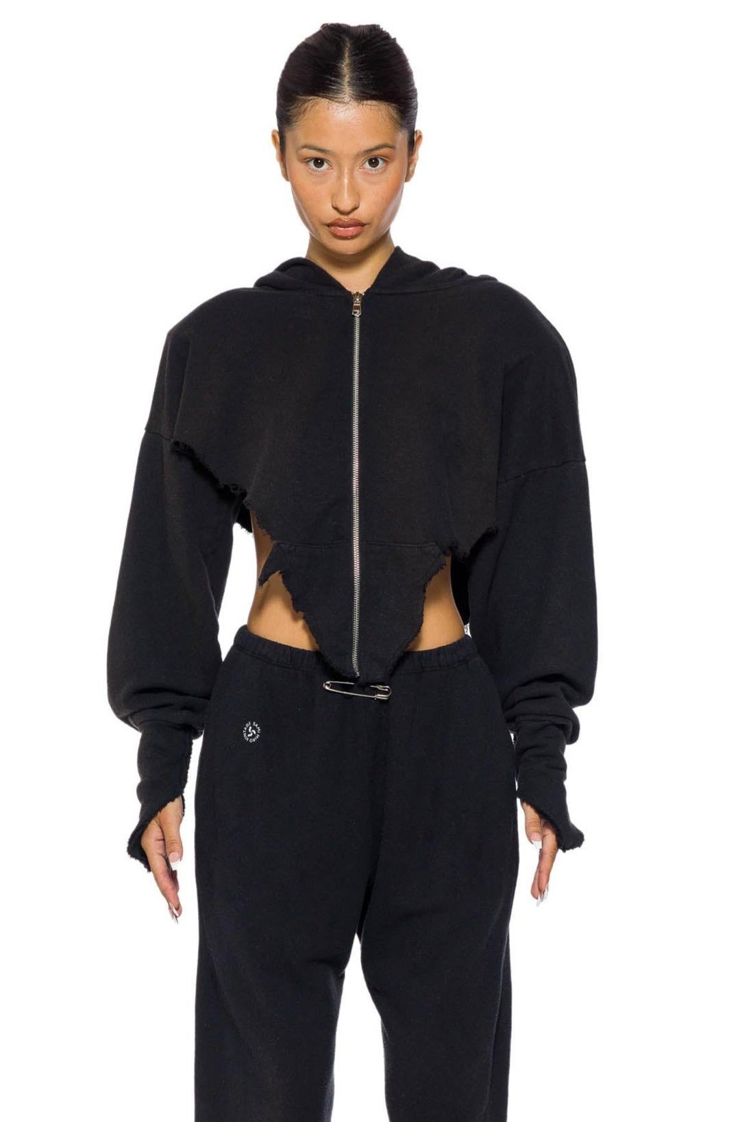 V CUT ZIP-UP HOODIE IN BLACK TERRY - XS / Black