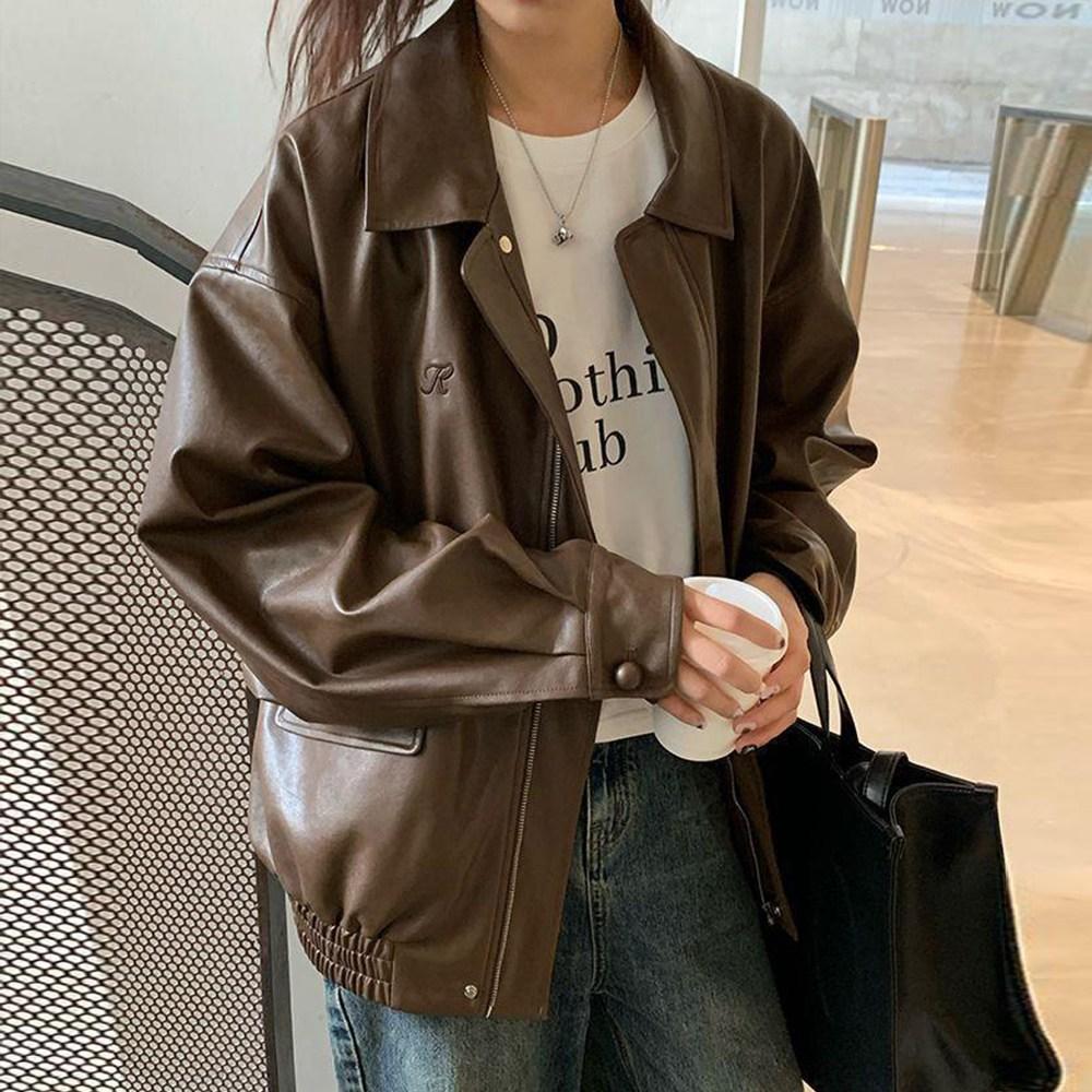 타니즈 라이니 어텀 싱글 카라 블루종 여성용 레더 자켓, 브라운, FREE