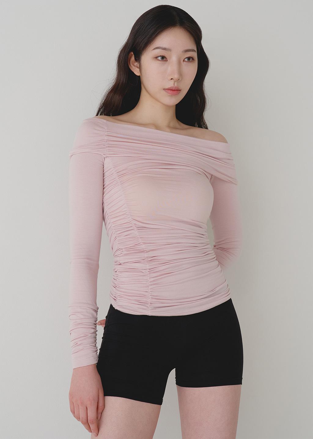 OFF SHOULDER SHIRRING TOP PINK
