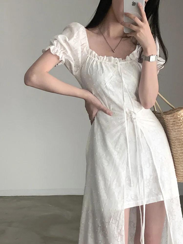 2024 여름 신작 여성 화이트 드레스 퍼프 슬리브 오프 숄더 스퀘어 칼라 센서티브 허리 장착 프릴 에지 롱 드레스