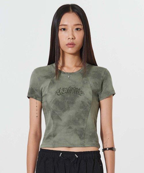 Y2K라인 로고 크롭 절개 티 [타이다이 카키]