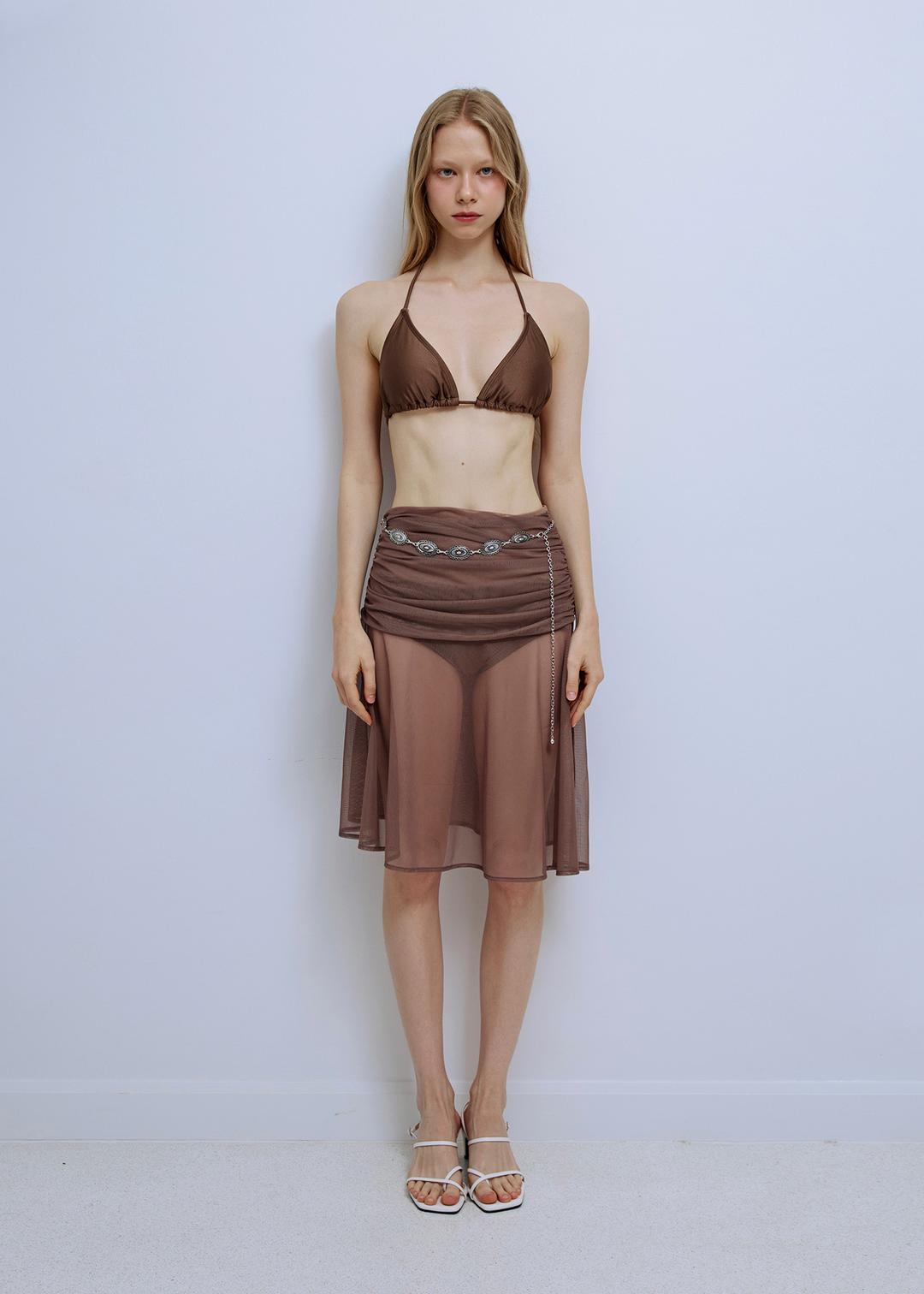 Solid Mesh Shirring Skirt_Brown