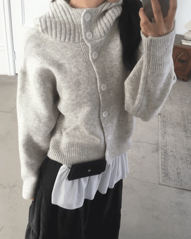 포톤 아방핏 하이넥 버튼 후드 가디건