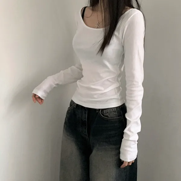 [-3kg/여유핏] 여리여리 블랑 유넥 긴팔 티셔츠 심플 티셔츠 기본 티셔츠 여리여리핏