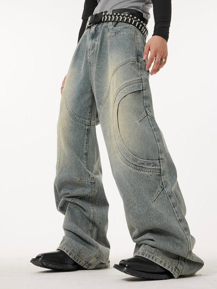 Dark Fog Washed Curved Stitches Wide Leg Jeans - S / Blue