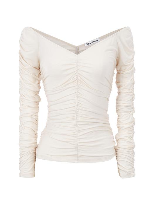 셔링 오프 숄더 니트 탑 (Leonora Knit Top)_크림 RF13306010